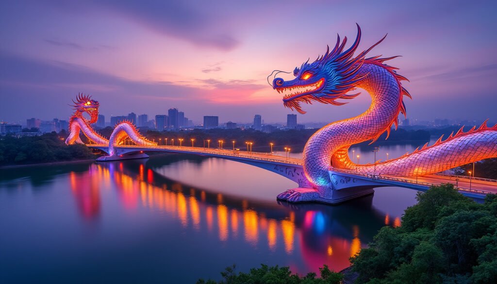 entdecken sie die drachenbrücke in da nang, ein beeindruckendes architekturwunder in vietnam, das mit seiner einzigartigen gestaltung und faszinierenden lichtshows begeistert.